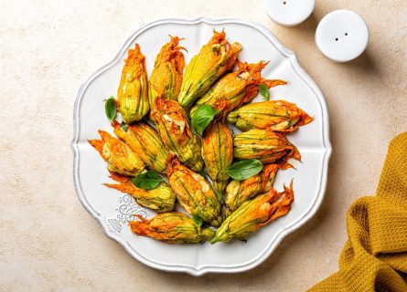 Fiori di Zuzza (courgette flowers) stuffed with mozzarella and anchovies